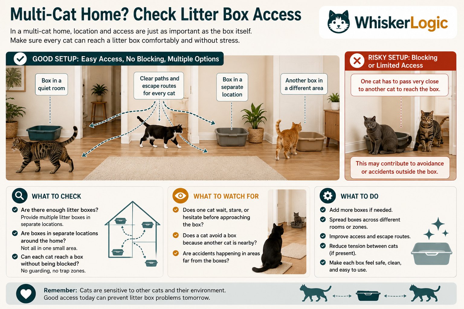 Multi-cat litter box setup showing separate boxes and clear access routes