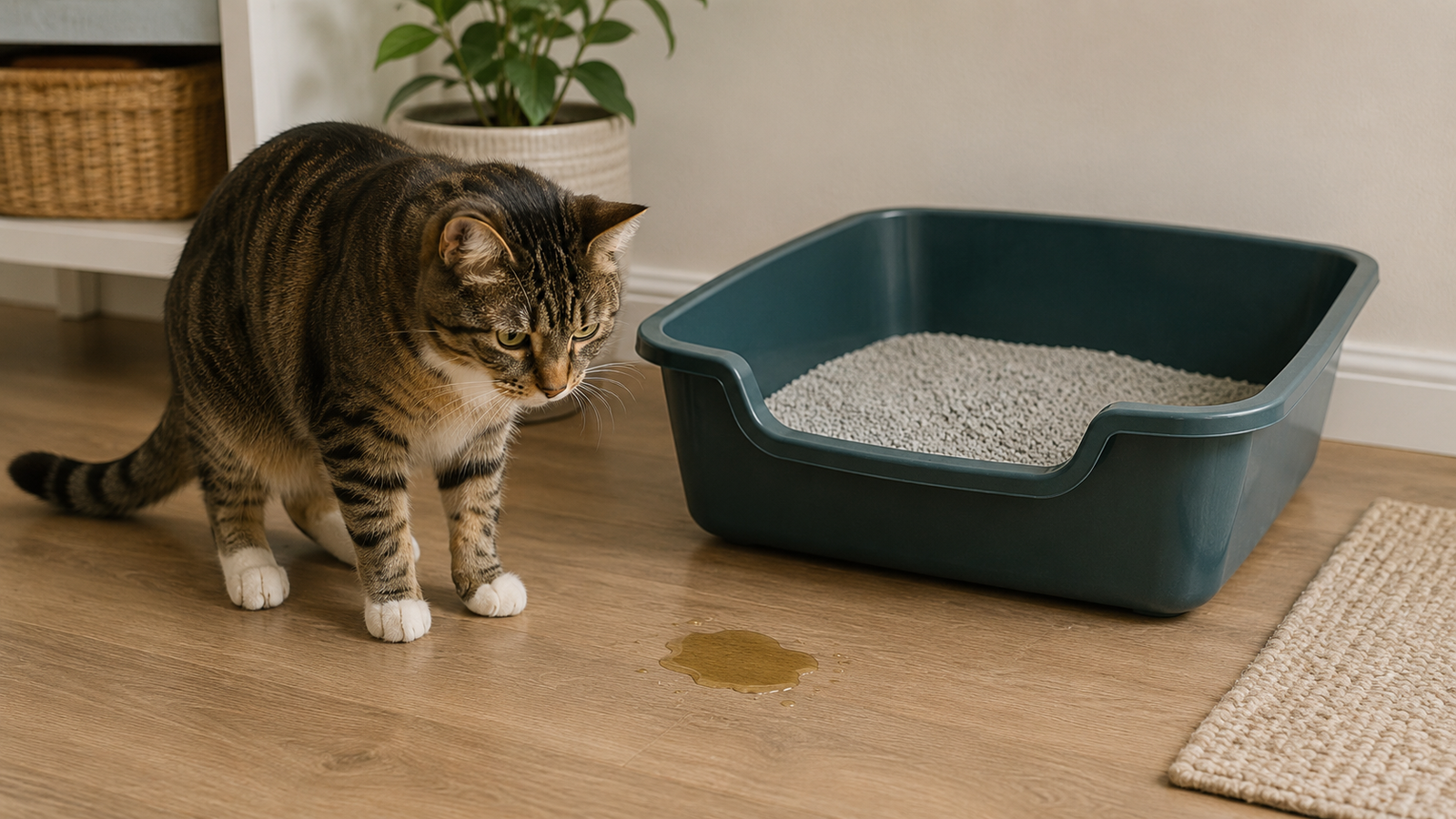 Cat standing next to a litter box with urine on the floor beside it