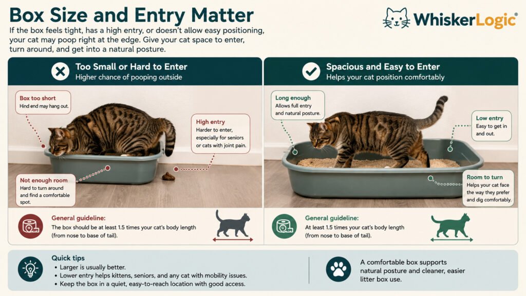 Cat comparing litter box size, entry, and positioning space