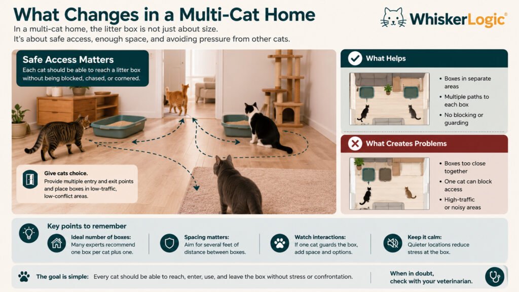 Multi-cat litter box access showing safe routes and possible interference