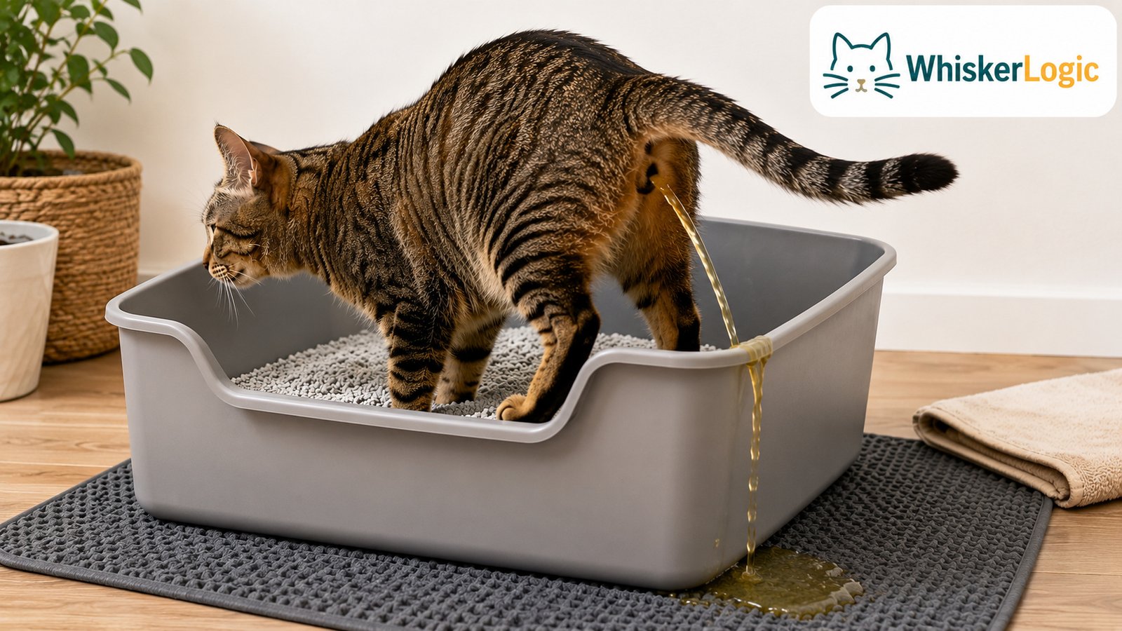 Cat peeing over the edge of a litter box while standing inside