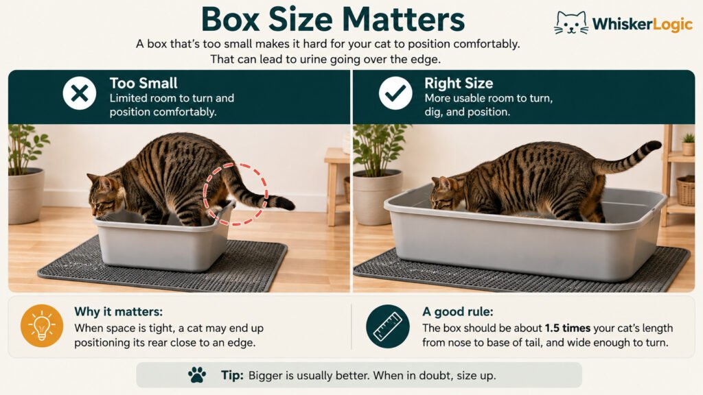 Comparison of a too-small litter box and a larger box with more room for a cat to turn and position
