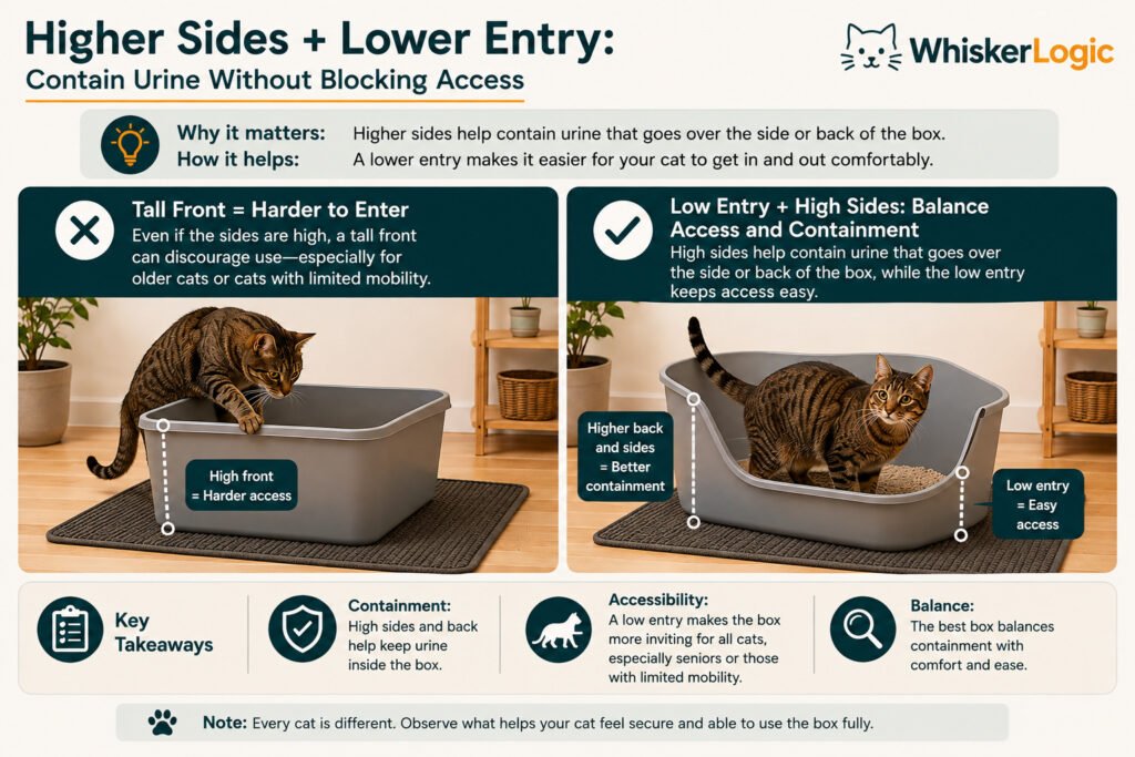 Comparison of a high-front litter box and a low-entry box with higher sides for easier cat access and urine containment