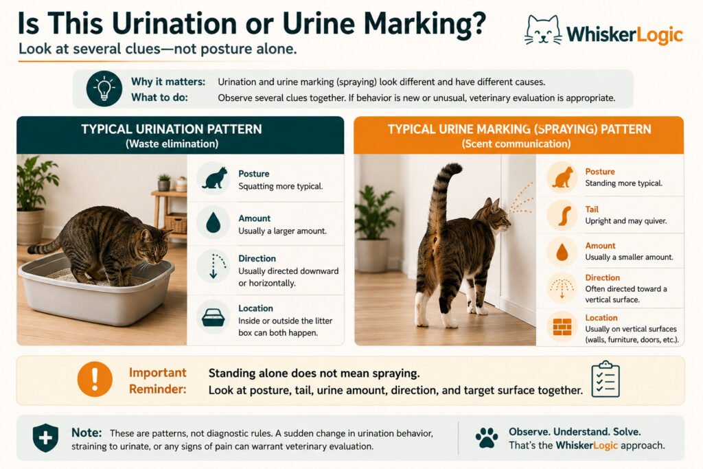 Comparison of typical cat urination and urine marking patterns, including posture, tail position, urine amount, and direction
