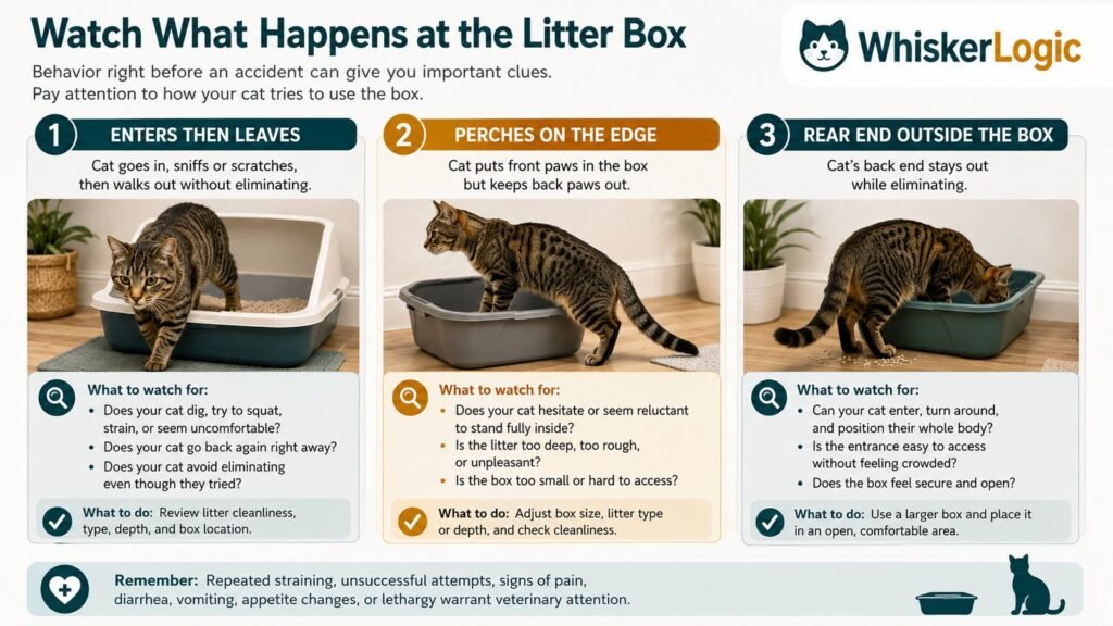 Cat owner watching litter box behavior for changes in urination, stool, posture, and frequency