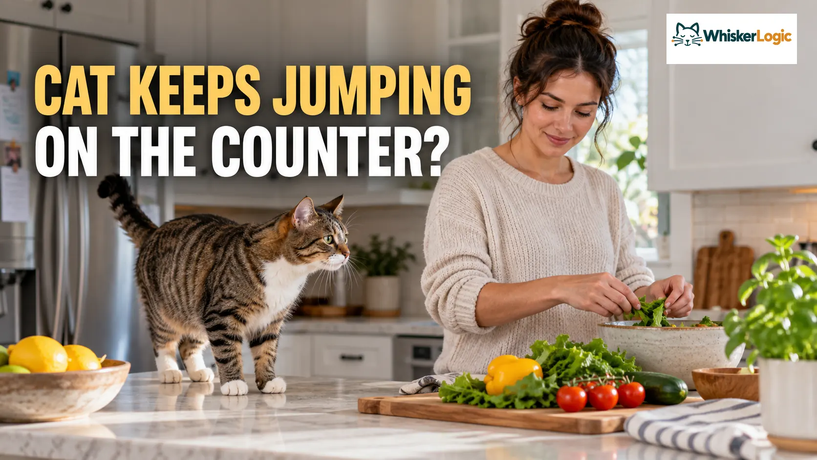 Cat keeps jumping on the counter while the owner prepares food in the kitchen