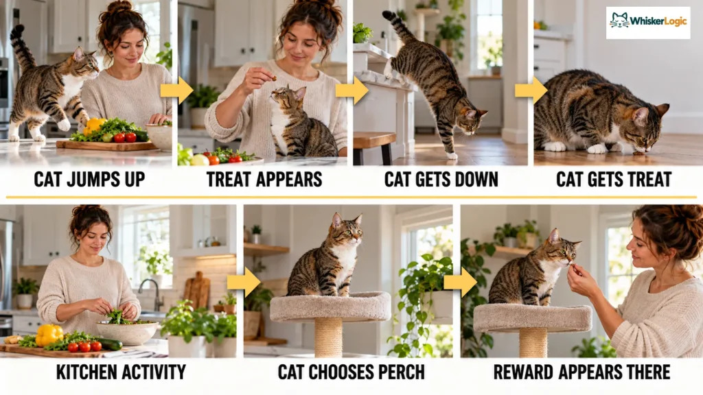 Cat counter-jumping reward loop compared with rewarding a cat on an approved perch