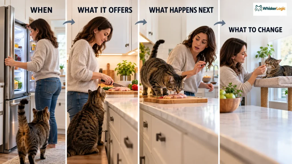 Sequence showing when a cat approaches the kitchen counter, what it offers, what happens next, and what to change