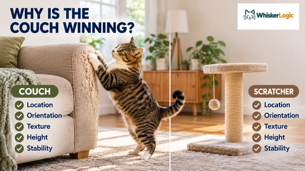 cat scratches couch while scratching post stands nearby
