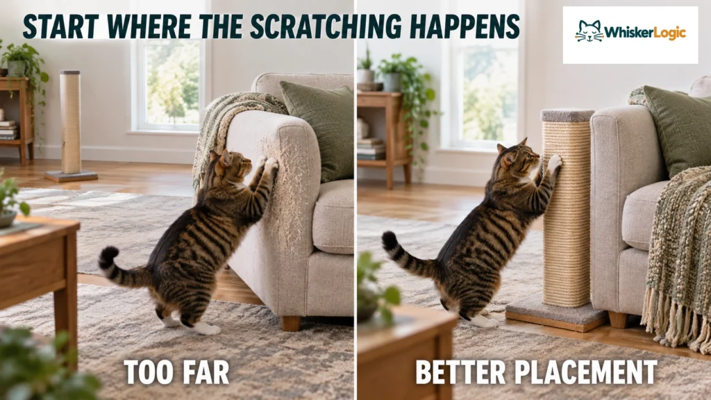 cat scratching couch with scratching post placed nearby