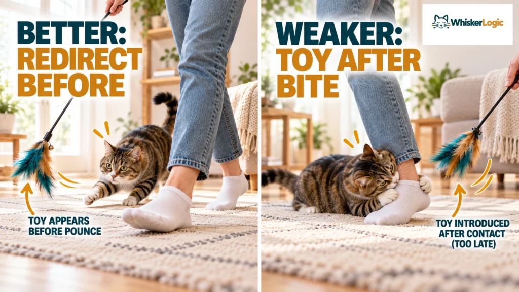 Redirect cat before foot attack with wand toy instead of offering play after the bite
