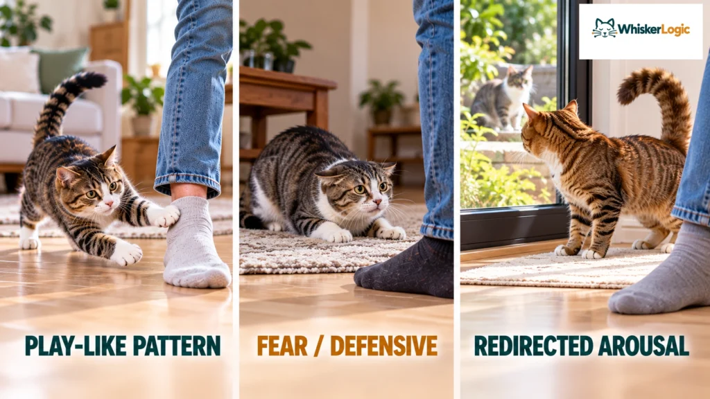Play-like foot attacks compared with fear defensive behavior and redirected arousal in cats