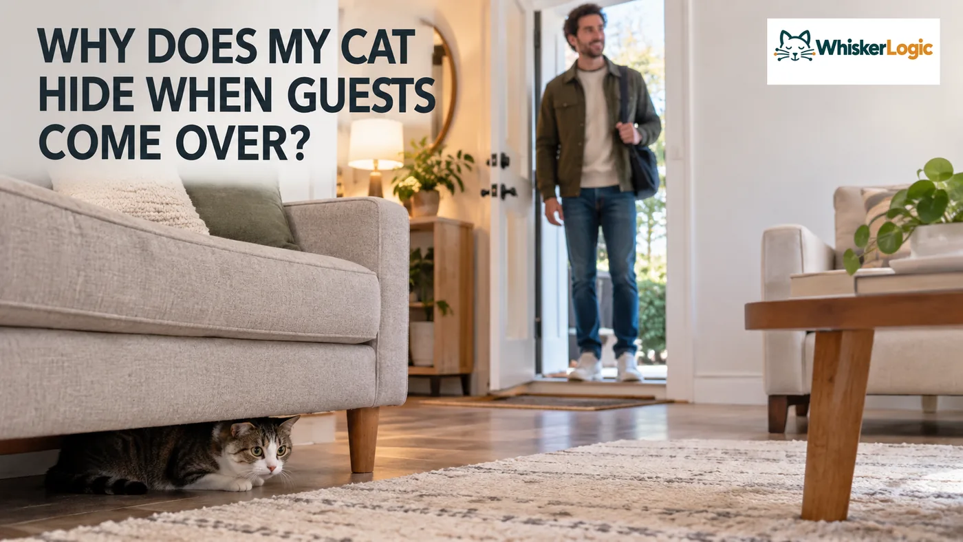Cat hides when guests come over while watching a visitor from under the couch