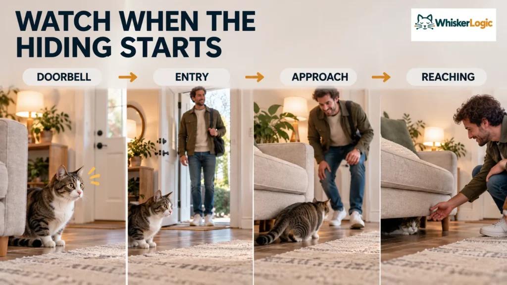 Cat hiding begins as a visitor moves from doorbell and entry to approach and reaching