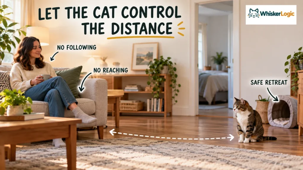 Guest sitting calmly while a cat keeps a safe distance with access to a retreat