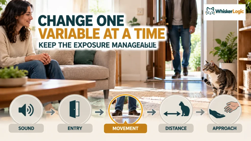 Cat visitor training sequence showing sound, entry, movement, distance, and approach one variable at a time