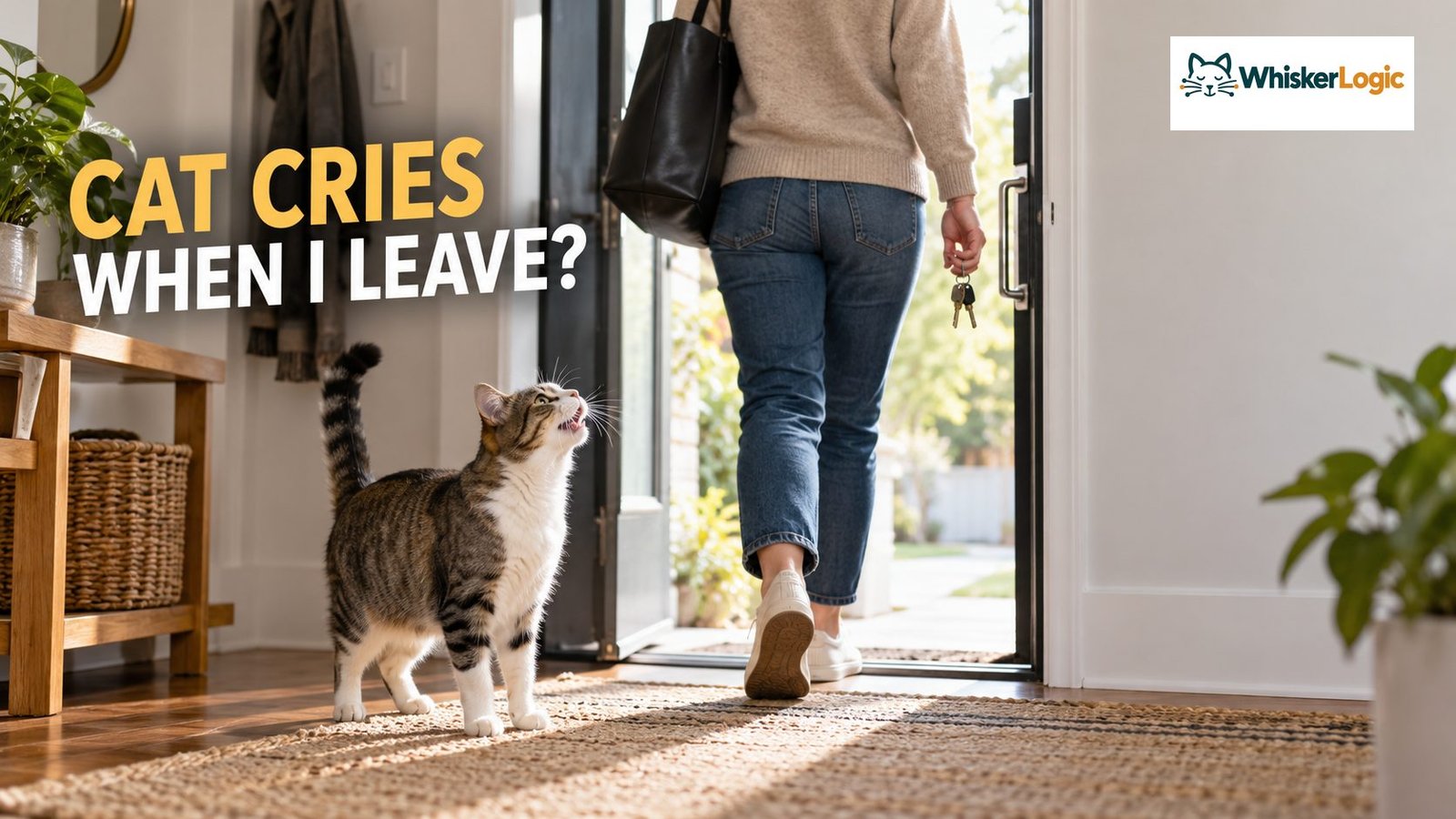 Cat crying near the front door as its owner leaves the house