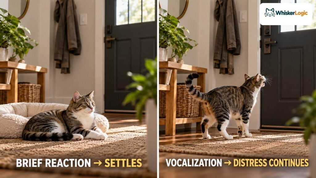 Cat settled after a brief departure reaction compared with a cat continuing to vocalize at the door