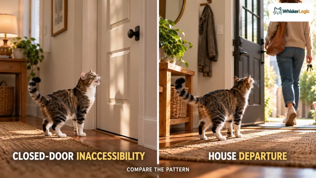 Cat crying outside a closed interior door compared with a cat watching its owner leave the house