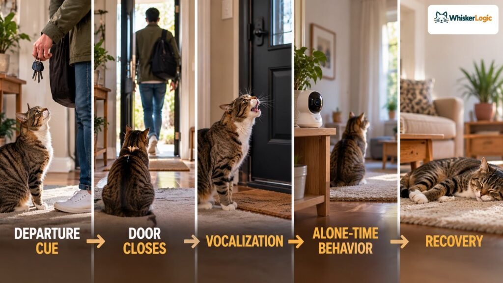 Cat departure timeline showing departure cue, door closing, vocalization, alone-time behavior, and recovery