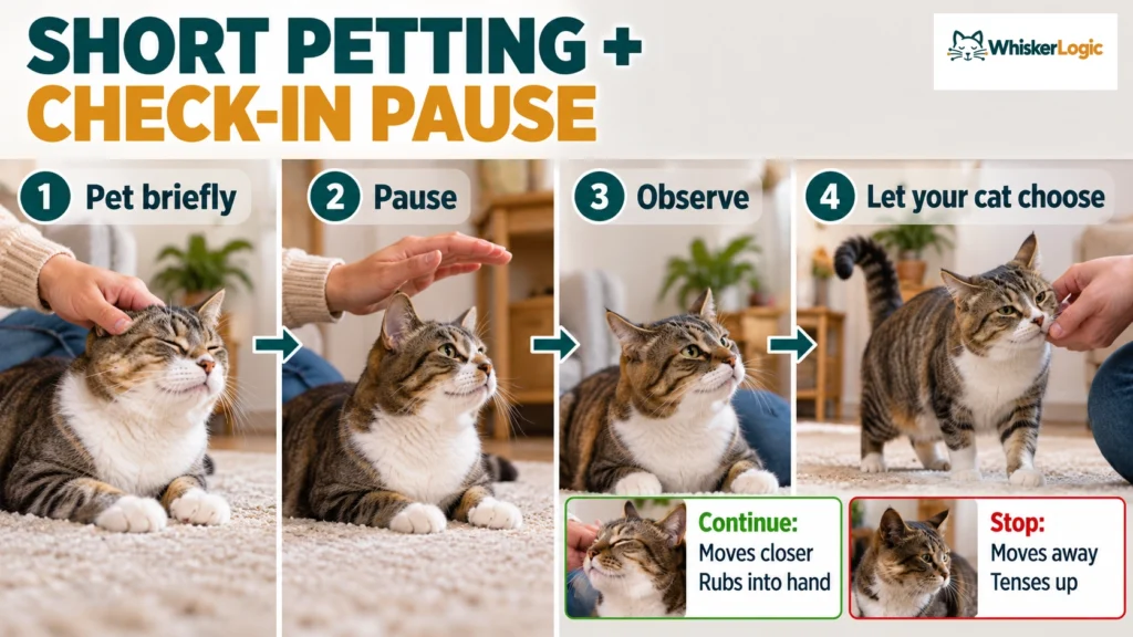 Cat petting sequence showing pause, observation, and choice