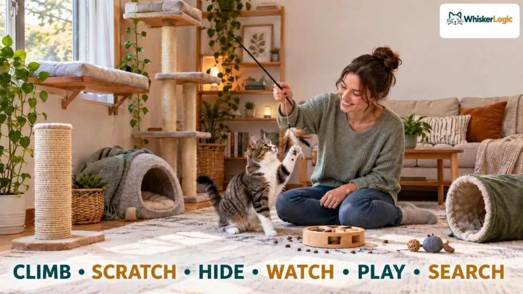 Indoor cat keeps trying to get outside while using climbing, scratching, hiding, watching, play, and search opportunities indoors