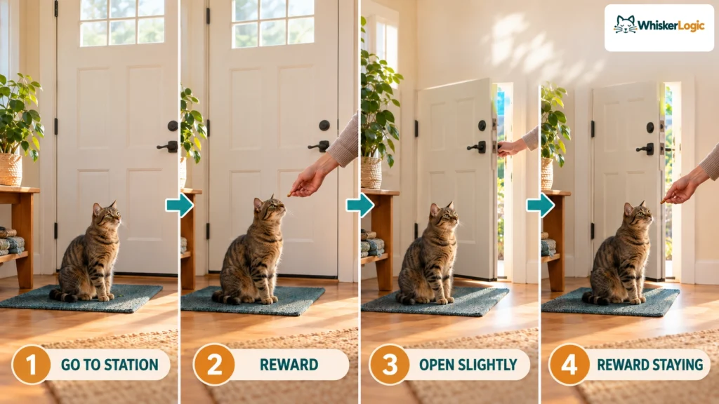 Indoor cat keeps trying to get outside while learning a four-step door station training routine