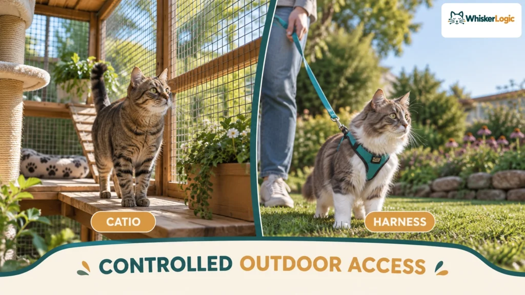 Indoor cat keeps trying to get outside with controlled outdoor access options including a catio and harness