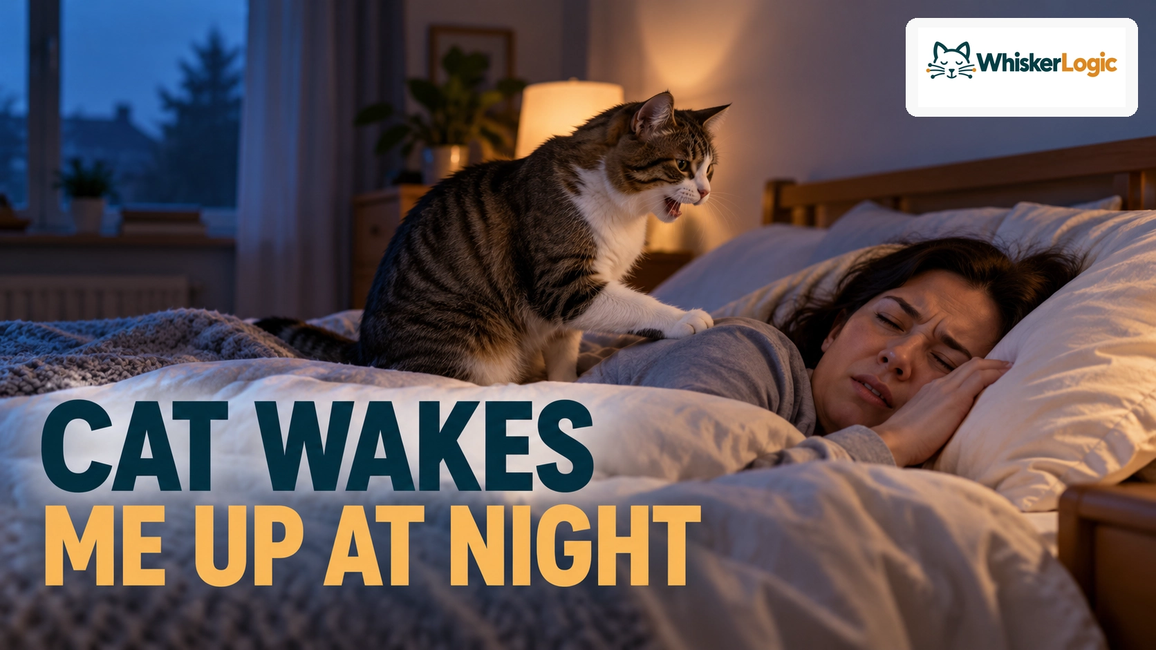 Cat waking a sleeping owner at night by pawing at them in bed