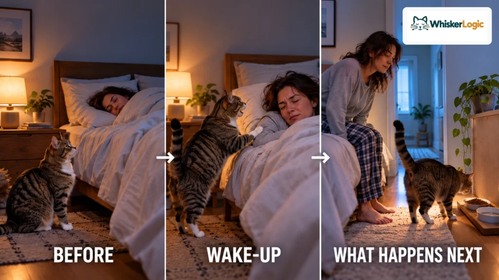 Three-step sequence showing a cat before waking its owner, waking them, and what happens next