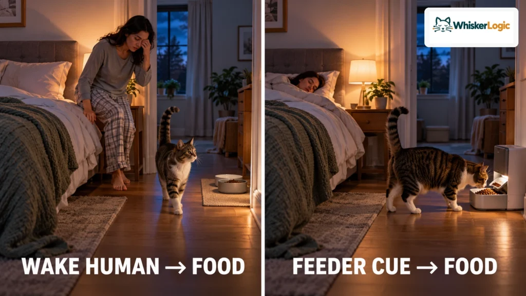Comparison showing a cat waking its owner for food versus using an automatic feeder while the owner sleeps