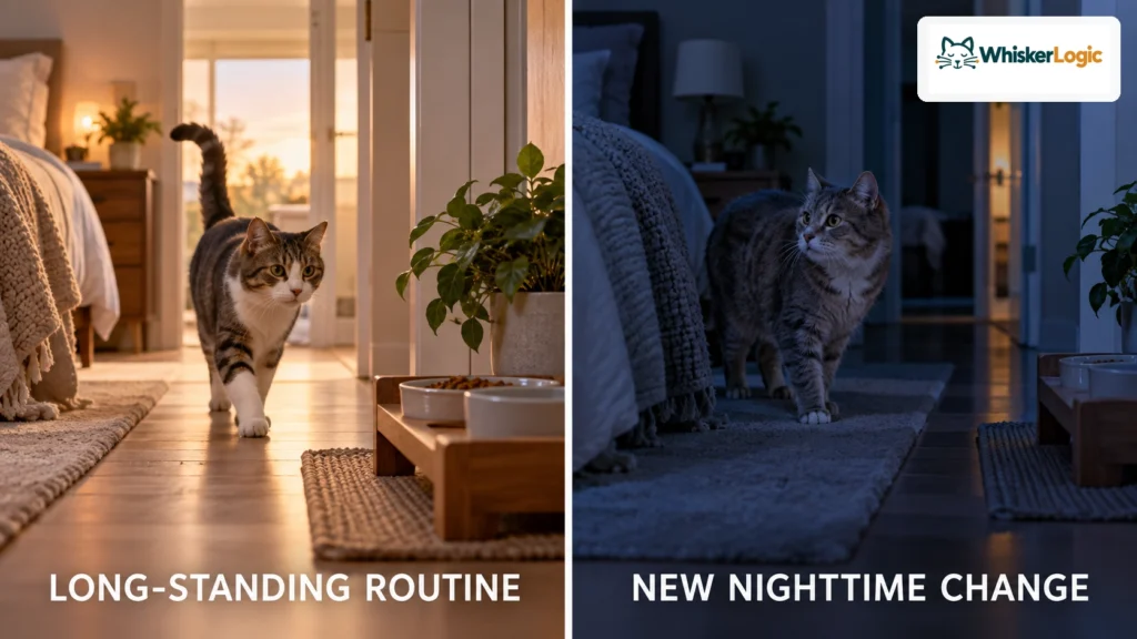Comparison of a long-standing early-morning cat routine and a new nighttime behavior change in an older cat