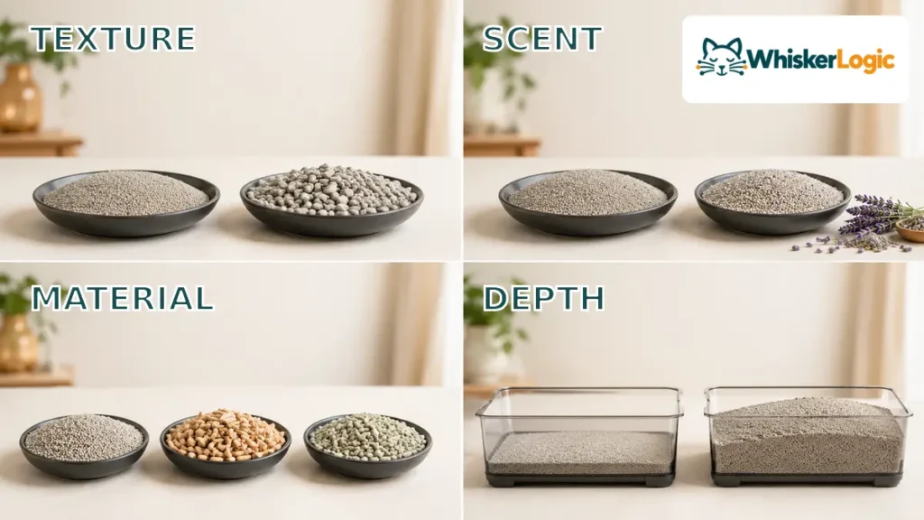 Comparison of cat litter texture, scent, material, and depth