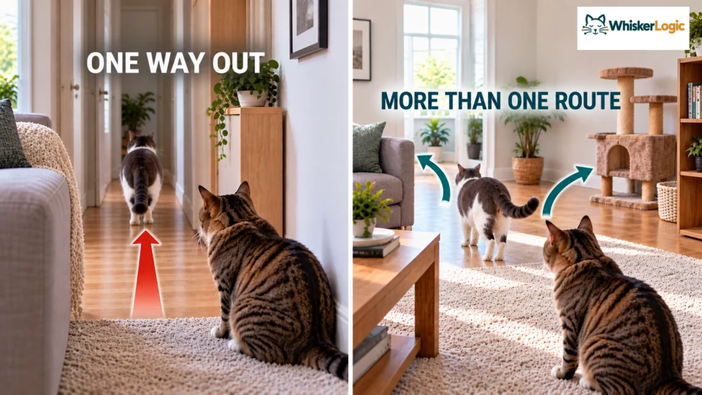 Cat escape route comparison showing one way out versus multiple routes