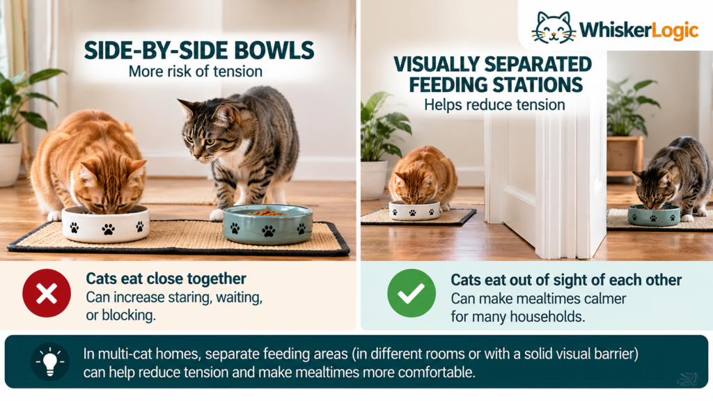Side-by-side cat food bowls compared with visually separated feeding stations
