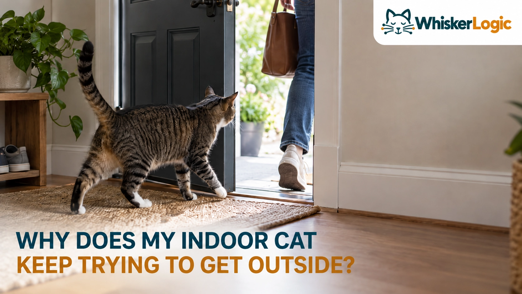 Indoor cat keeps trying to get outside through an open front door while a person leaves the house