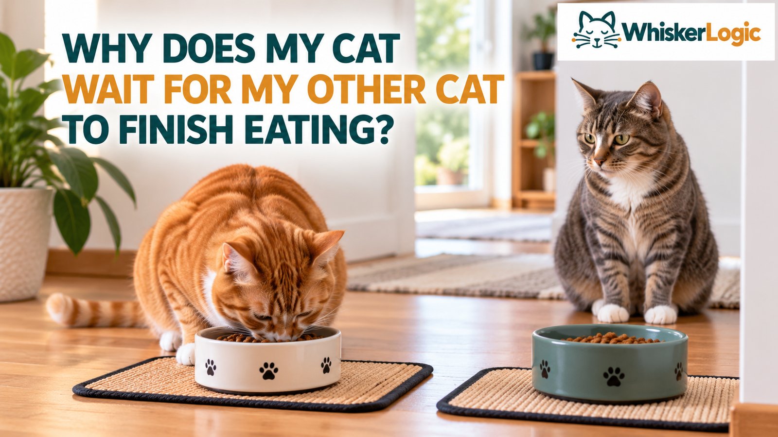 Cat waits for other cat to finish eating near separate food bowls