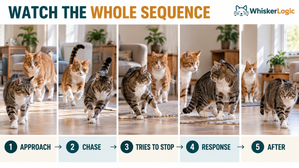 Five-step sequence showing one cat approaching, chasing, stopping, responding, and separating from another cat