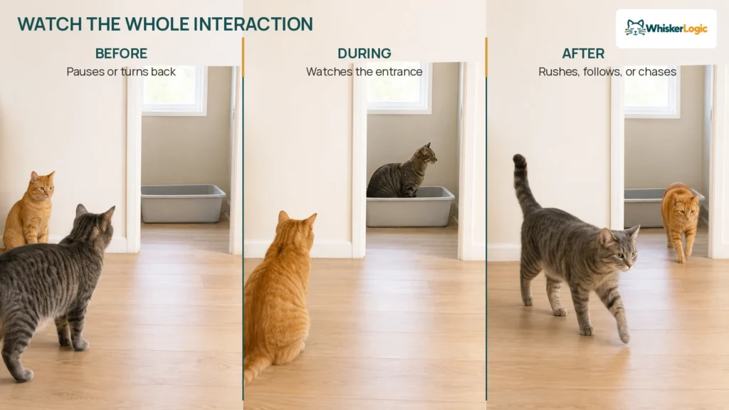 Three-panel sequence showing a cat before approaching, while using, and after leaving a litter box as another cat remains nearby.