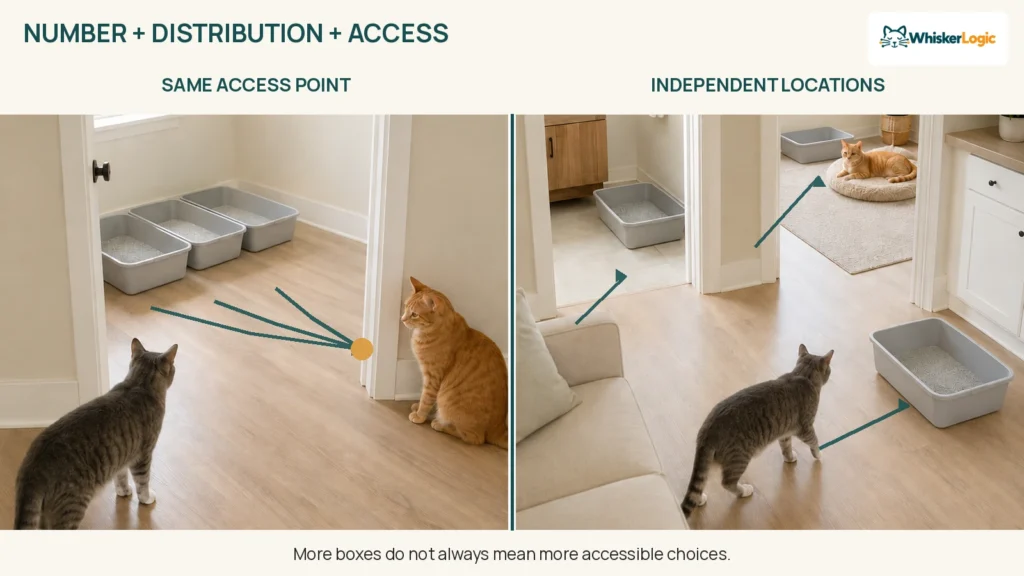 Comparison of three litter boxes sharing one doorway with three boxes placed in separate locations with independent access routes.