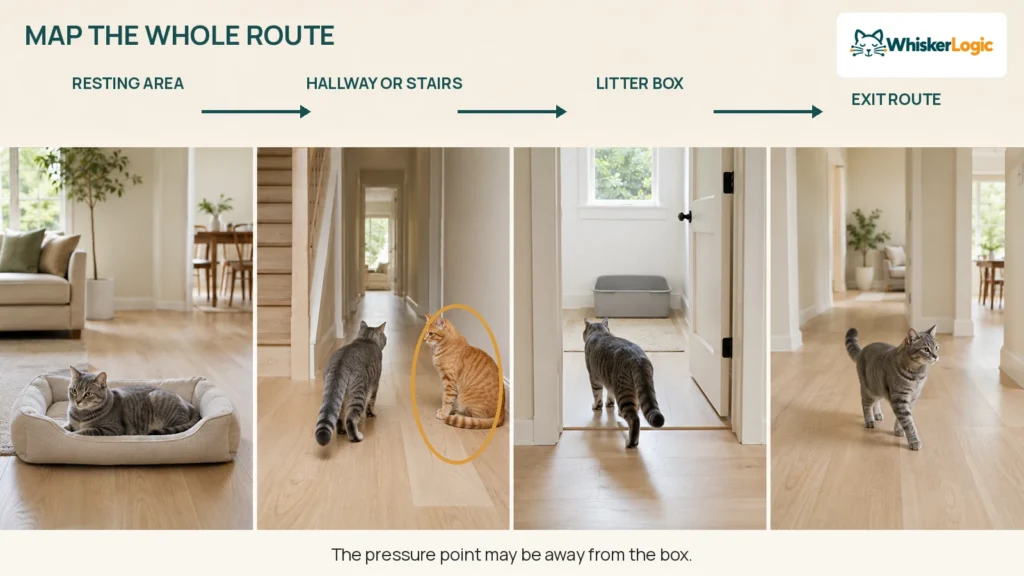 Four-part route map showing a cat’s resting area, hallway, litter box approach, and exit route with another cat near a possible choke point.
