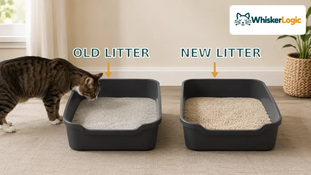 Cat comparing old and new litter in two identical litter boxes