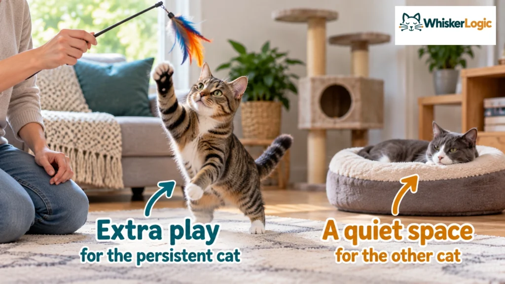 Tabby cat gets individual interactive play while the other cat rests in a quiet space