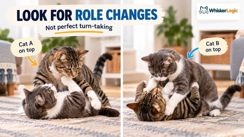 Two cats switching roles while wrestling with each other