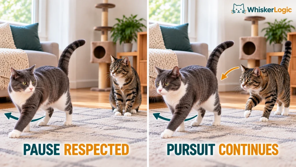 Cat rough play comparison showing a respected pause versus continued pursuit