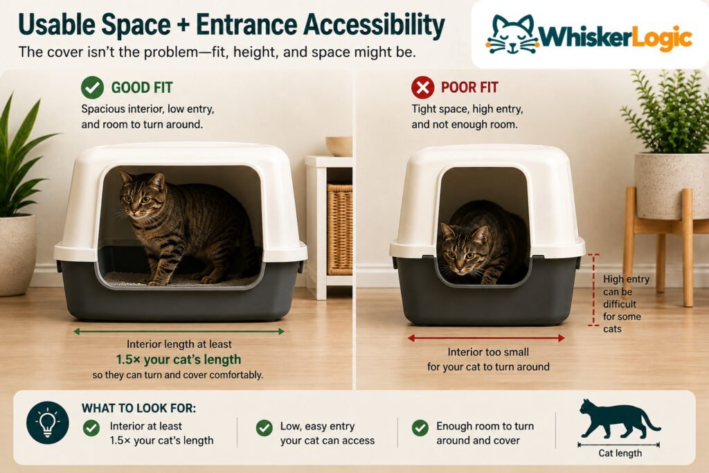 Covered litter box size and entrance accessibility for cats