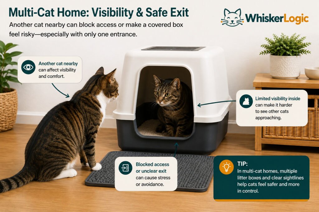 Another cat blocking access to a covered litter box