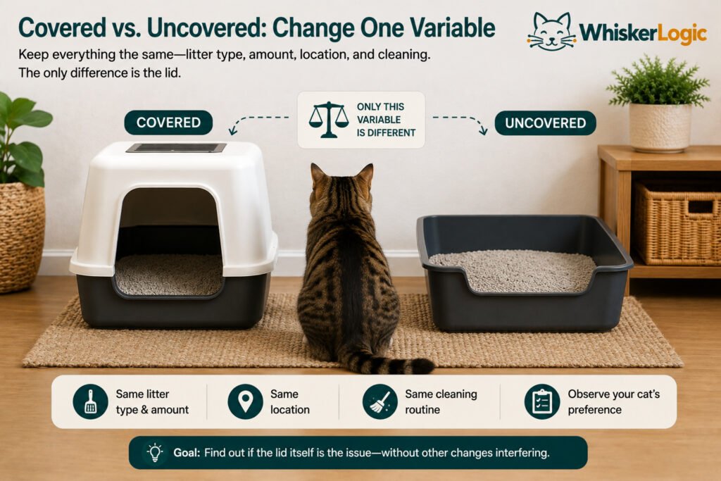 Covered and uncovered litter boxes compared with only the lid changed