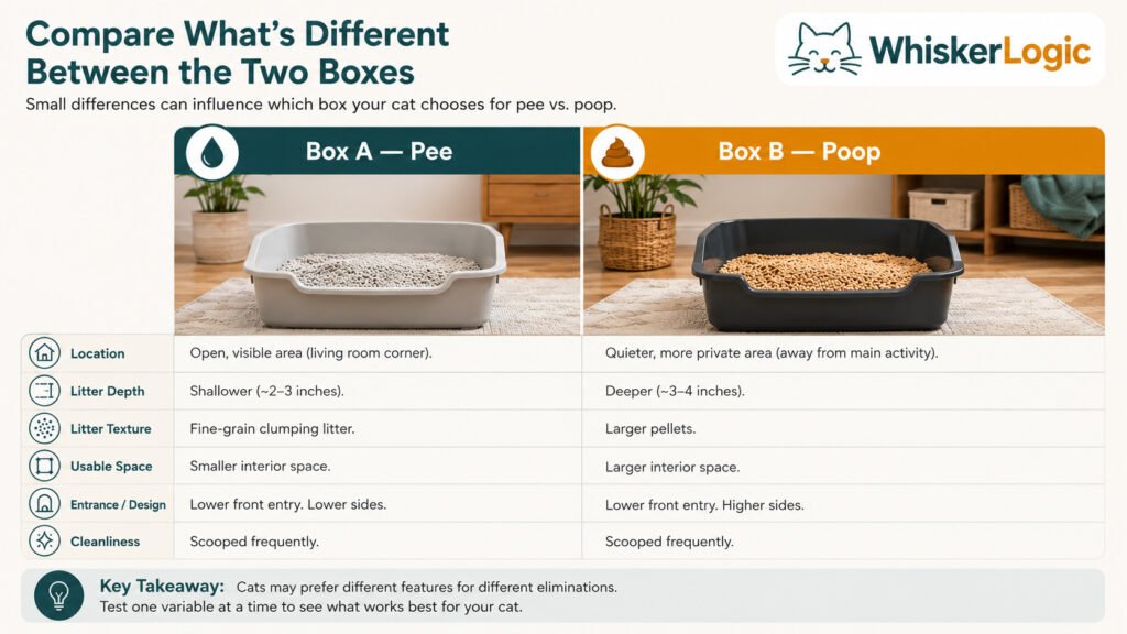 Comparison of two litter boxes showing differences in location, litter depth, texture, usable space, entrance design, and cleanliness