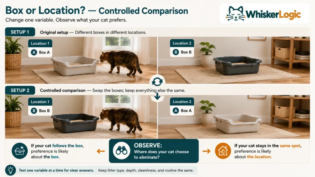 Cat litter box and location controlled comparison